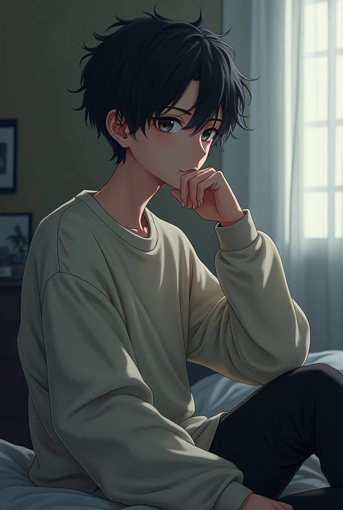A japanese boy wearing baggy clothes sitting on couch