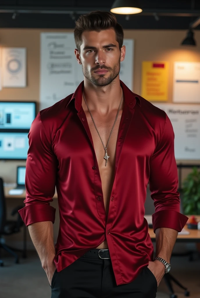 (absurdres, highres, ultra detailed, Ultra HD), a muscular handsome man, (wearing (a red colour open shirt) and pants), (tattooed chest: 1.2), red hair, short hairstyle, detailed face, perfect facial features, smooth skin, beautiful, gorgeous, wet, mature, perfect eyes, sexy gaze, looking at the viewers romantically, large bare chest, largest breast, extremely large pectorals, big nipples, (chest tattoos only), full body view,
