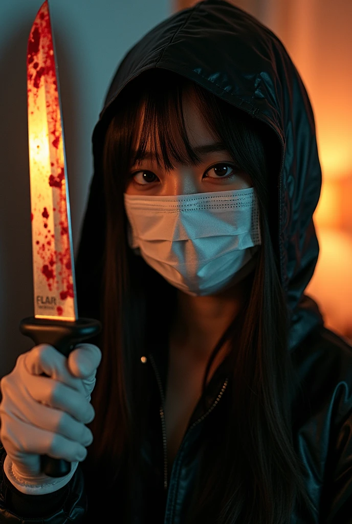 korean girl, (behind corpse, gas mask), holding knife, stabbing, black gloves, room full of blood, black raincoat, hood up, holding knife, black gloves, behind corpse, blood splatter, long bangs, black wet suit, night, mass murderer, robbery, dark atmosphere, cinematic lighting, atmospheric realistic,
