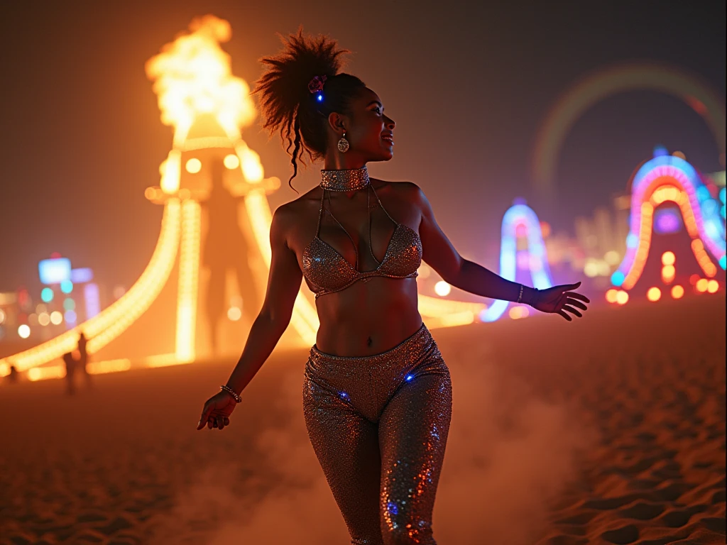 A Vibrant Burning Man Scene - Photorealistic Description for Piclumen with Flux:

Capture the electric energy and essence of Burning Man in a dynamic, vibrant scene set in the heart of Black Rock City. A captivating mulatto woman takes center stage, her movements a celebration of unrestrained joy and rhythm. Her voluptuous figure is accentuated by iridescent, form-fitting attire that reflects the kaleidoscopic lights surrounding her.

Key Elements:

Dancer Focus:

The woman is mid-spin, her body silhouetted against the starlit desert sky.
Her glowing accessories adorn her hair, leaving radiant trails of light with every movement.
Her expressive eyes and radiant smile exude a sense of freedom and unfiltered happiness.
Subtle motion blur enhances her movements, conveying a sense of life and energy.
Environment:

The iconic Burning Man effigy stands tall in the background, its flames climbing towards the heavens, painting the sky with warm, fiery hues.
Fireworks light up the scene, illuminating the desert with bursts of color and light.
The playa is dotted with surreal art installations and mutant vehicles, their shapes and designs creating a dreamlike, otherworldly backdrop.
Lighting & Aesthetics:

The interplay of warm firelight and cool LED hues creates a high-contrast lighting effect.
Detailed textures capture the playa’s dusty surface, the woman’s skin, and the shimmering reflections on her attire.
Lens flares and soft glows from various light sources add depth and realism.
A wide-angle perspective frames the scene, emphasizing the scale and atmosphere.
Dynamic Details:

Dust swirls around her feet, caught in the glow of nearby fire performers and LED-encrusted structures.
The scene blends primal energy with futuristic aesthetics, embodying Burning Man’s unique spirit.
