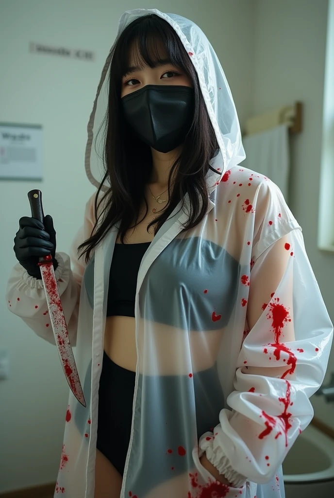 korean girl, (behind corpse, surgical mask), blood splatter, holding knife, stabbing, leather gloves, room full of blood, transparent raincoat, trucker hat, holding knife, leather gloves, behind corpse, very long hair, night, mass murderer, robbery, in the hotel,
