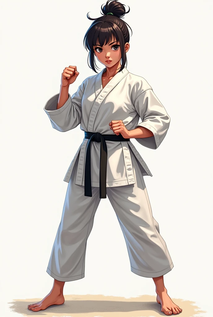 (absurdres, highres, ultra detailed),(absurdres, highres, ultra detailed), 1 japanese female, adult, beautiful, tall lady, thin waist, ((pale skin)), finely detailed eyes and detailed face, (wearing a white judo Judogi), thin fabric, she is sweating wet, elegant, neat, graceful, seductive look, attractive, brown eyes, white background, (anime character sheet), (full body), (several poses and expressions), kasumi from the king of fighters
