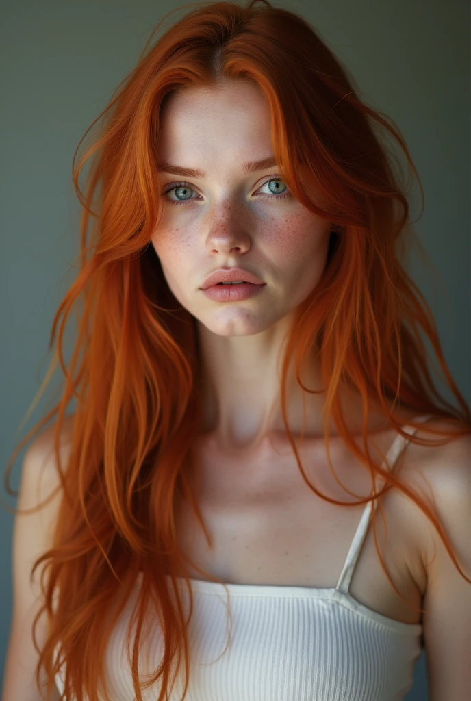 Redhead woman with belly short straight hair.
Natural light, freckles, simple background, realistic skin texture, gentle expression."