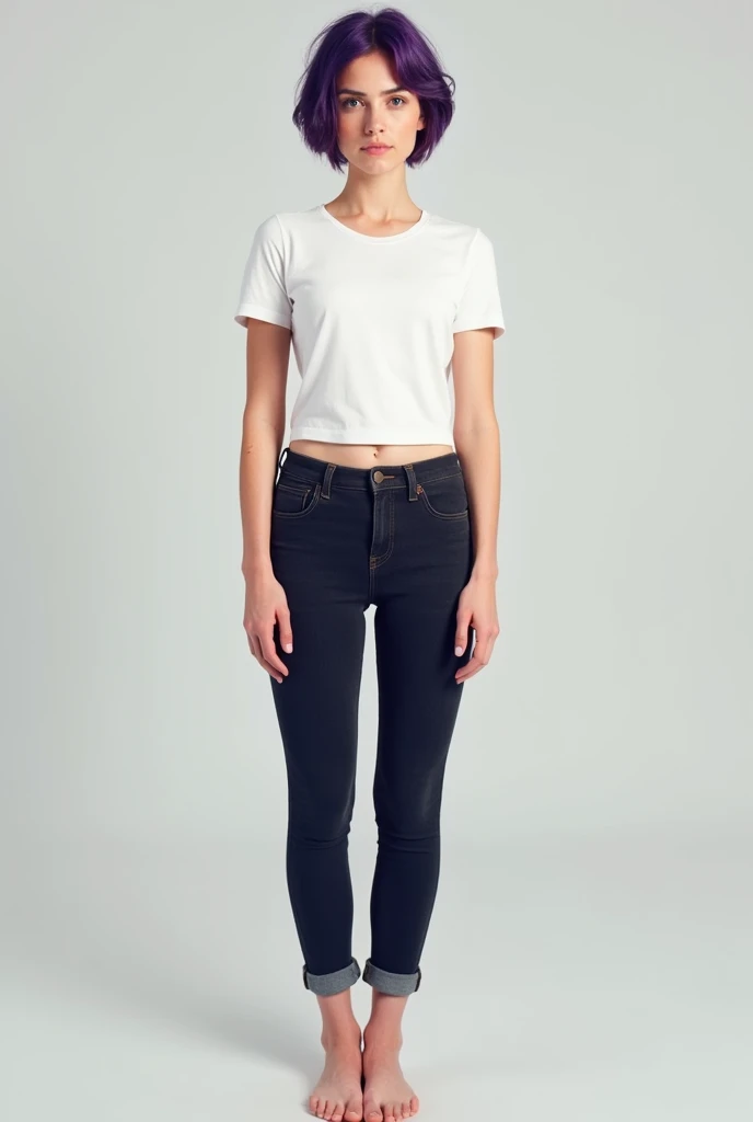 Hot blonde 40 year old woman standing wearing white cropped tank top and black short shorts and black short socks in tv room. Show legs and feet with black short socks