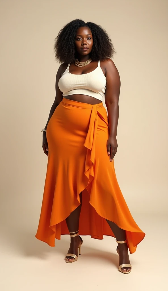Image is a full-body portrait of a (((LARGE BREAST))) woman standing in front of a glass door. She has long, wavy blonde hair and is wearing a yellow two-piece outfit consisting of a crop top and a mid-length skirt with a ruffled hem. She is wearing high-heeled sandals. The woman has a light skin tone and is smiling at the camera. The background includes a tiled floor and a partial view of an outdoor area with sunlight casting shadows.