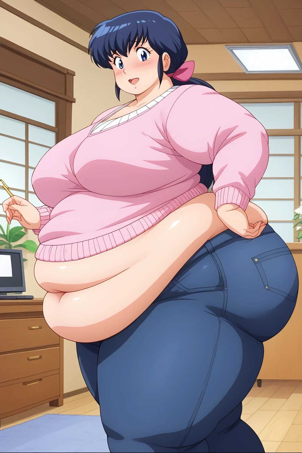 Otonashi Kyoko, Kyoko Otonashi,  long hair, 紺色の髪,low ponytail, pink barrette ribbon, Dark blue eyes,  pink sweater, Blue jeans,  white Y shirt, living room,milf,(fat boobs, fat belly, fat ass),blush,  troubled expression, embarrassed expression,  score_9, score_8_ up、 score_7_ up、 score_6_ up、 score_5_ up、 score_4_ up、 Masterpiece 、 top quality 、 very aesthetic、 absurd, source ,  anime screencap, one woman、Alone、 personal , Curvy、chubby, chubby, Severe obesity、