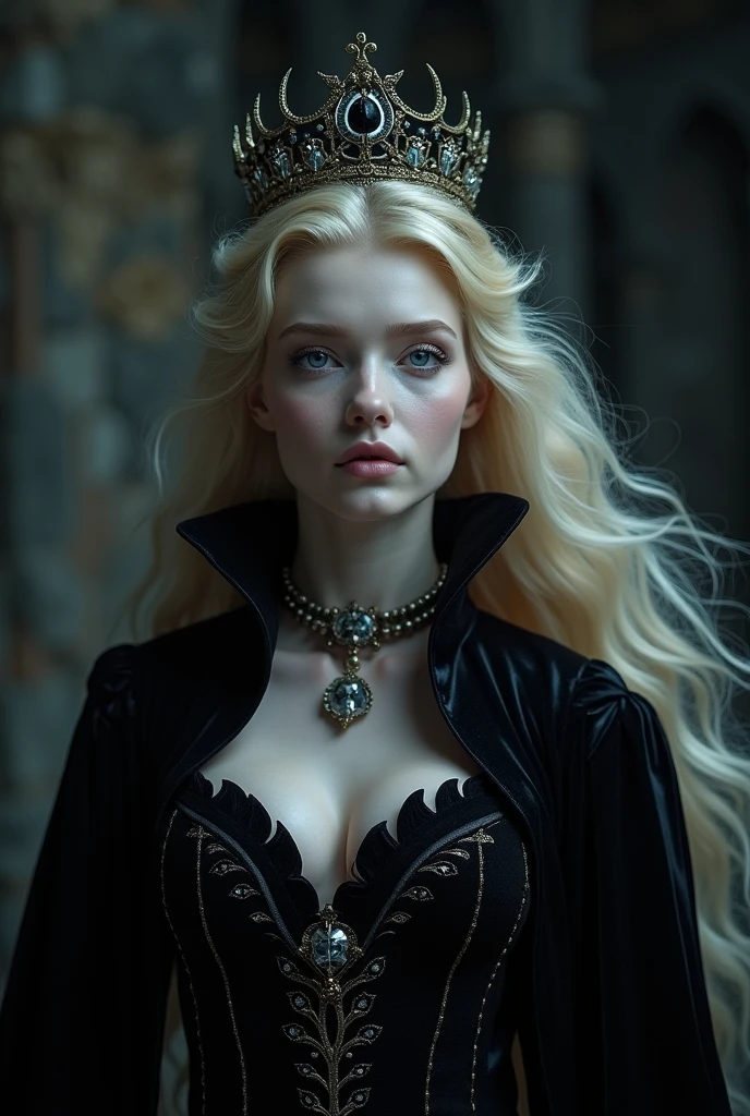 Cinematic shot: A cruel queen, golden hair, late 30s, smirks with blood dripping from her chin. Icy blue eyes gleam. A clawed hand in a black gauntlet displays a grotesque (ring) - black metal,  Blood splatters the ring and drips down her fingers. The background blurs into a decaying throne room, bathed in an unnatural green moonlight. Art style: cinematic, hyperrealistic, dark fantasy.