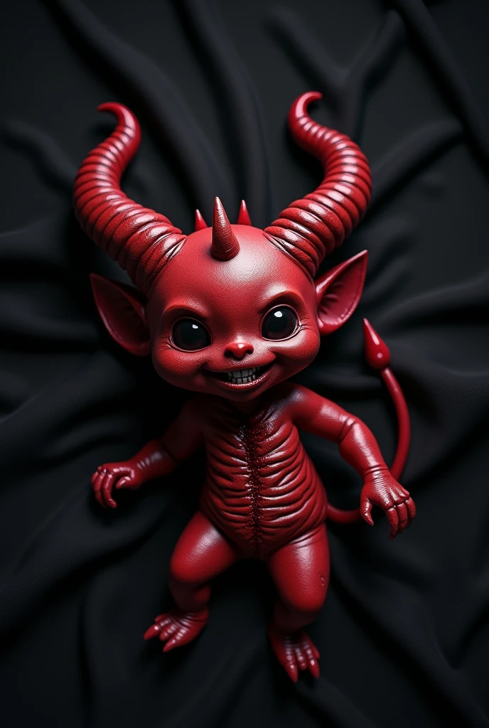 A red baby devil with white papers, yellow horns and a pitchfork