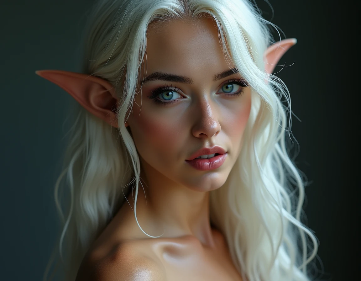 FAIRY WITH AN HYBRID FACE BETWEEN CLAUDIA SCHIFFER AND GISELE BUNDCHEN , BUST IMAGE STYLE, STUDIO IMAGE STYLE, BLACK INFINITE BACKGROUND, DIFFUSED LIGHTS ON FACE, BACK LIGHTS ON HAIR, LUMINOUS HAIR, CLOSE FACE SHOT, PLATINUM LONG HAIR, HUGE STRAIGHT LONG HAIR, BRAID HAIR STYLE, PLATINUM EYEBROWS, VERY PALE SKIN, LUMINOUS SKIN, FEMALE FAIRY, TOLKIEN MITHOLOGY, EXPOSED LONG TIP EARS, HIGH CHEEKBONES, ROSY CHEEKS, GORGEOUS LIPS, SOFT LIPSTICK, GORGEOUS CURVY BODY, SOFT MUSCLES, VOLUMOUS BREASTS, STRAPLESS CLEAVAGE, WHITE VICTORIAN DRESS, ENIGMATIC FACE EXPRESSION, SIDE FACE VIEW, EYES LOOKING TO THE SIDE, TOLKIEN MITHOLOGY, HIGH QUALITY IMAGE, MASTERPIECE, 8K