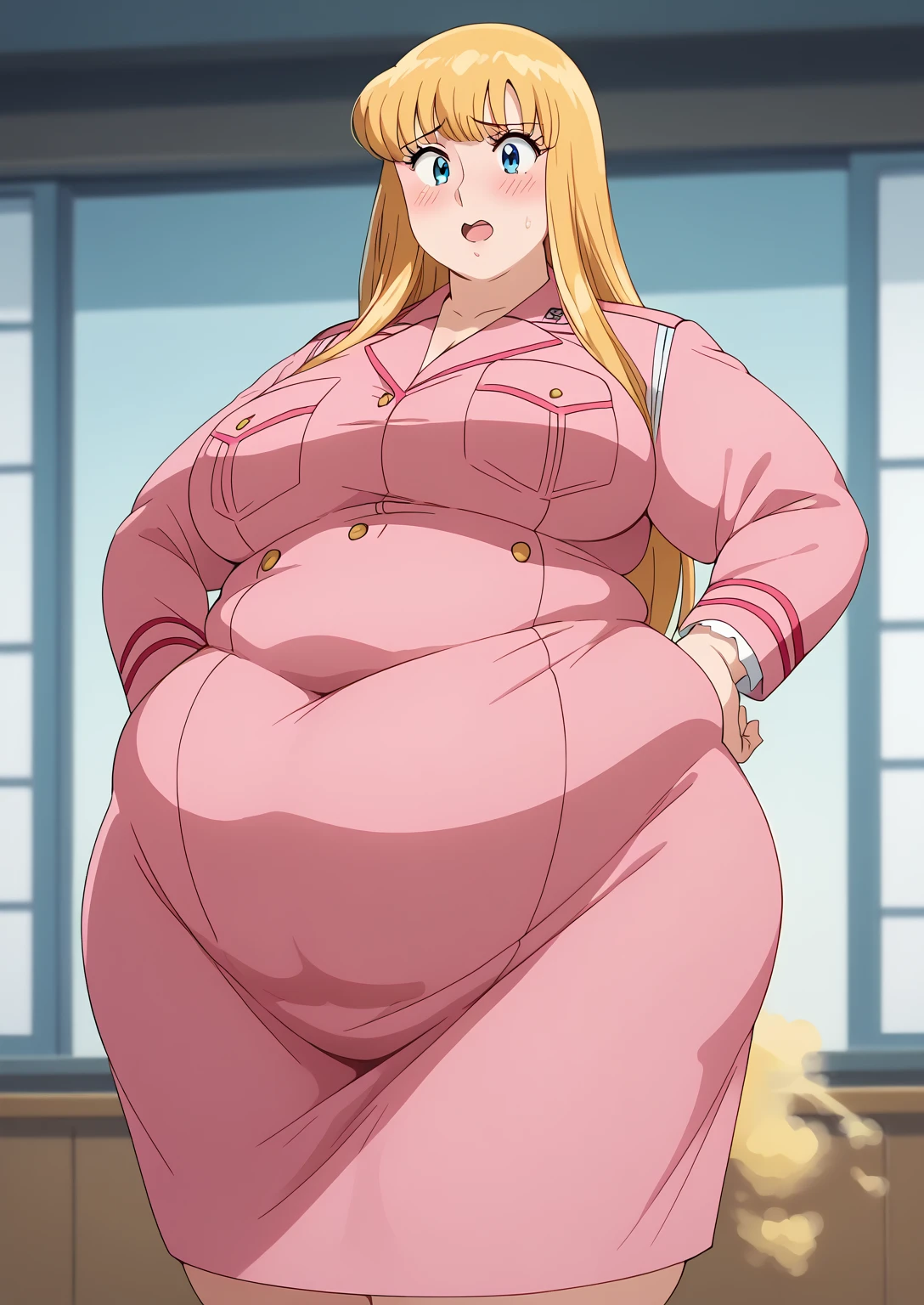 Reiko Akimoto, Akimoto Reiko, long hair,  Golden Hair ,  blue eyes,(( tight skirt )),  pink uniform, Pink Skirt, ( miniskirt), Horny Woman , vulgar woman,  saggy stomach ,huge saggy tits , giant areolas,  middle-aged woman who is overweight, score_9,   score_8_ up,   score_7_ up,   score_6_ up,   score_5_ up,   score_4_ up,     masterpiece   ,   top quality,     So Aesthetic ,    absurd,    Source_Anime, Anime screencap,    one woman , Alone,   personal   ,   Curvy,   chubby,  Mature Woman,   obese ,  troubled expression, ssbbw,  embarrassed expression, indoor,  vulgar woman, show off your anal,  gas spreading around the anus where both legs are spread apart,fart, Woman farting 