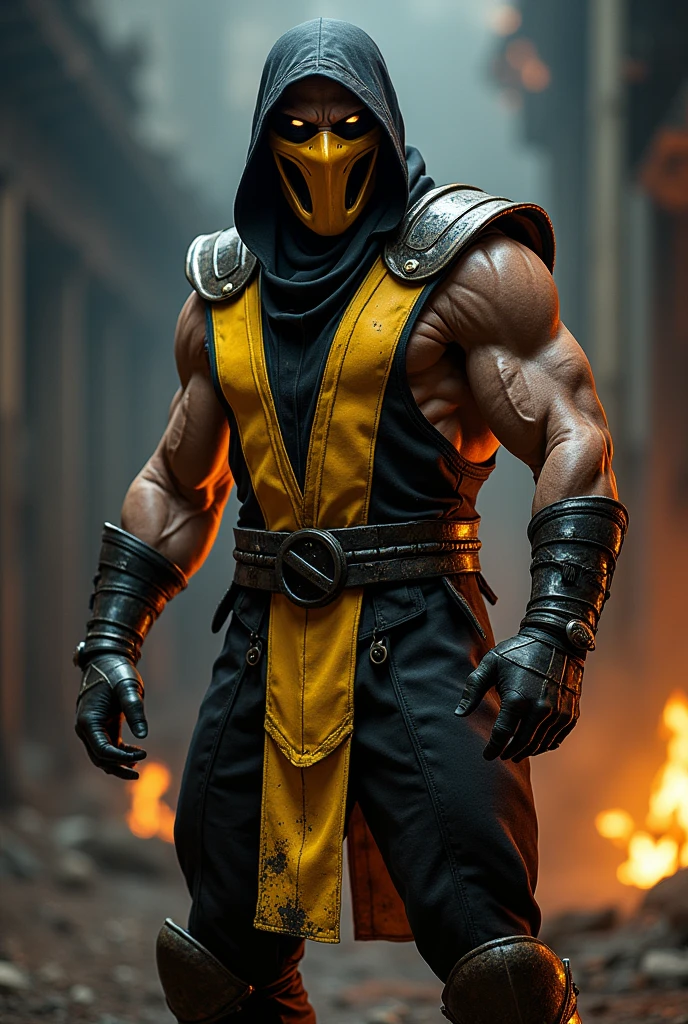 fully body, scorpion (mortal kombat) classic character costume without mask, eye white, standing in front of the camera, realisitic, a very muscular body in the renatosphere, epic 3D realism, swollen muscles, large fists, best in wlop, kan liu, daz3d, trends in CGsociety, estilo realisitic hiperdetalhado, completo cosplay, by Ric Nagualero, album, hyung tae kim, 8k, irreal engine 5, film composition, retratos realisitics hiperdetalhados, 3D game art, CG Society, Fantasyart, hd art of season, estética realisitic, cinematic lighting, border light, smooth light, border light de filme, fine glow, ultradetailed, 8k, uso realisitic de luz e cor, cinematic light, rendered in cinema4d 500–1000 AD -- ar 3:4- Niji 6