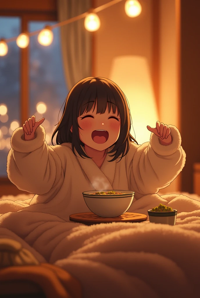  top quality 、 high res、( high image quality:1.2)、masterpiece、 detailed background 、Realistic、 RAW photos 、 beautiful scene like a scene from a movie 、end of the year、 in a warm room 、 in a warm room 、( A cute girl in the kotatsu is deliciously sipping steaming Toshikoshi soba:1.5)、At the moment of the countdown, she smiles and shouts while flapping her legs in the kotatsu 、 cute