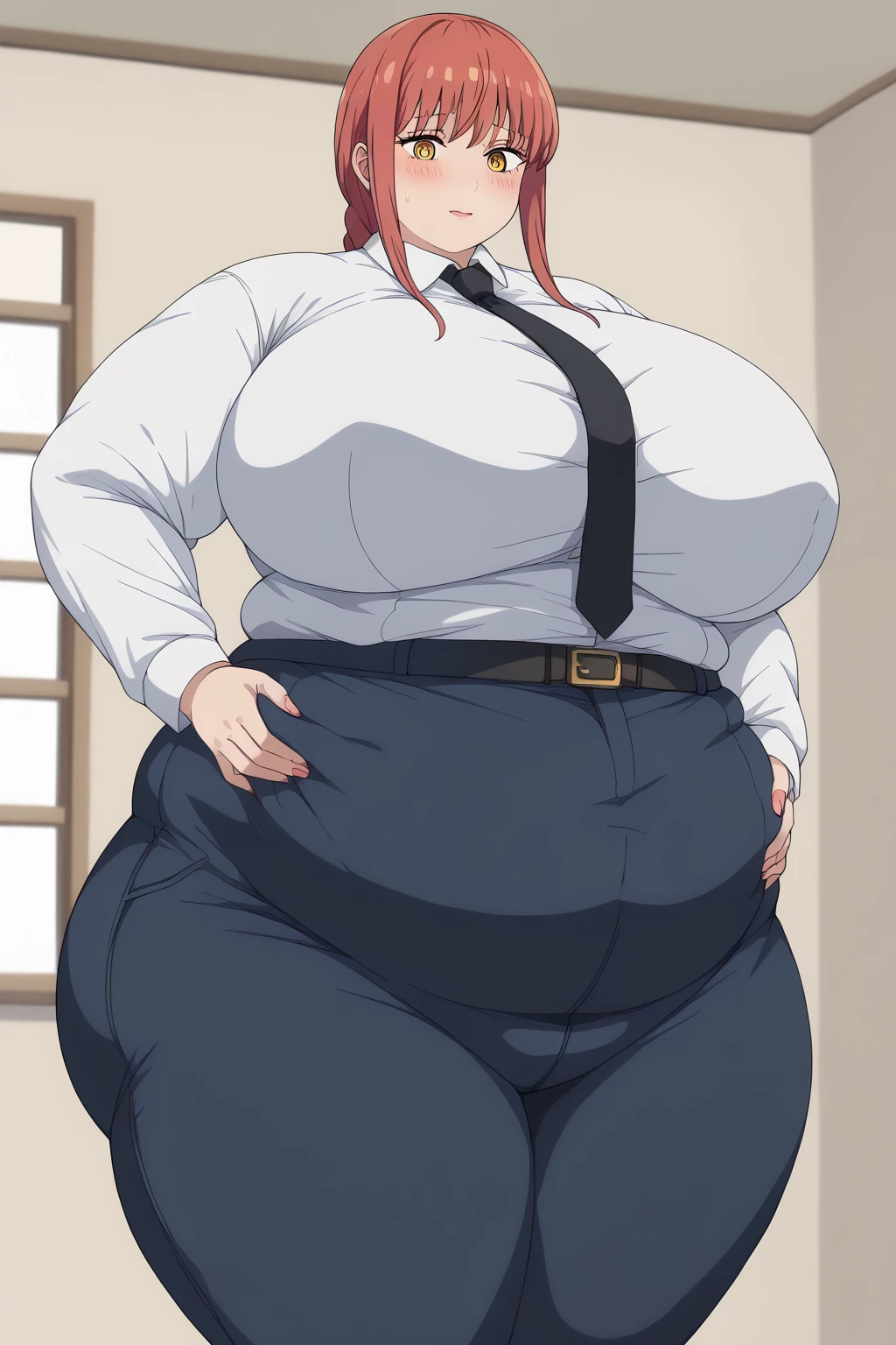 Makima, makima,  long hair、bangs、 shirt、 Long Sleeve , yellow eyes, white  shirt、 braided 、 thighs、Red Hair、 ties, collared  shirt、 black pants 、 window、black  ties, embarrassed expression, troubled expression,  giant areolas, futanari , Woman with a penis,testis,The shape of the penis is written on the pants, score_9, score_8_ up、 score_7_ up、 score_6_ up、 score_5_ up、 score_4_ up、 Masterpiece 、 top quality 、 very aesthetic、 absurd, source ,  anime screencap, one woman、Alone、 personal , Super huge breasts, ((( super huge clevis、Super huge, Super huge boob))), Curvy、 chubby、Mature Woman,  obese 、