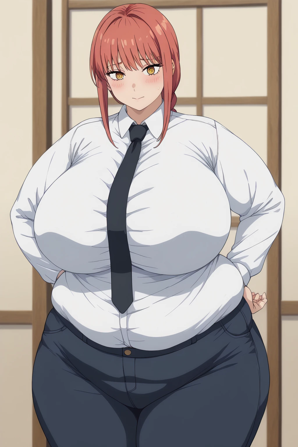 Makima, makima,  long hair、bangs、 shirt、 Long Sleeve , yellow eyes, white  shirt、 braided 、 thighs、Red Hair、 ties, collared  shirt、 black pants 、 window、black  ties, embarrassed expression, troubled expression,  giant areolas, futanari , Woman with a penis,testis,The shape of the penis is written on the pants, score_9, score_8_ up、 score_7_ up、 score_6_ up、 score_5_ up、 score_4_ up、 Masterpiece 、 top quality 、 very aesthetic、 absurd, source ,  anime screencap, one woman、Alone、 personal , Super huge breasts, ((( super huge clevis、Super huge, Super huge boob))), Curvy、 chubby、Mature Woman,  obese 、