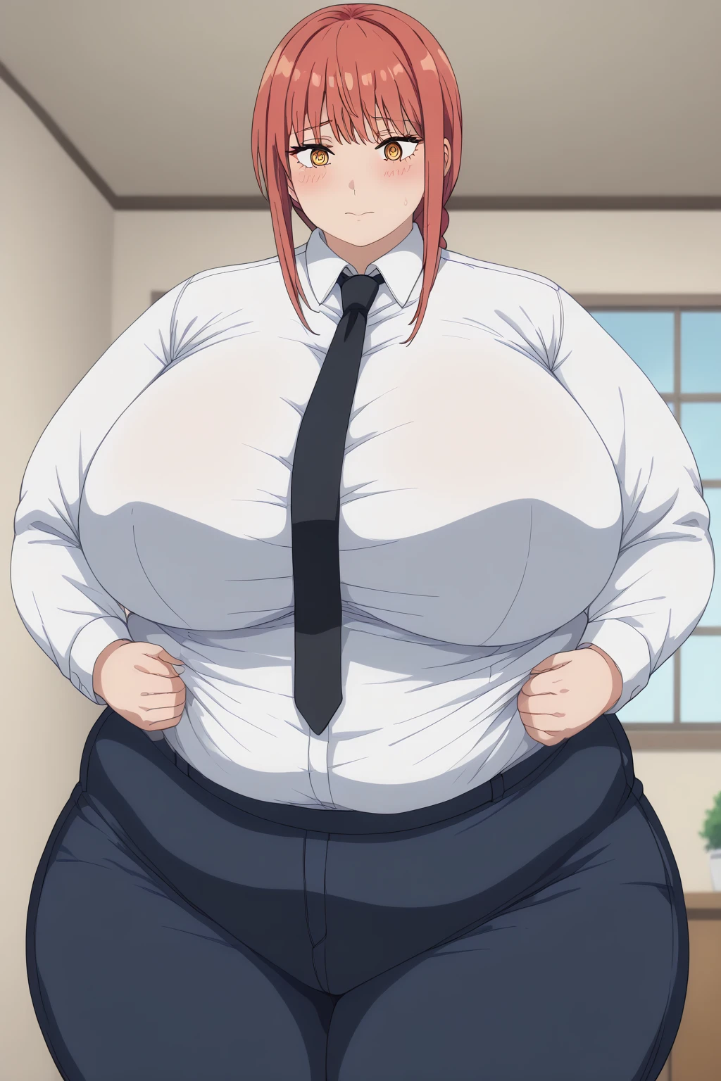 Makima, makima,  long hair、bangs、 shirt、 Long Sleeve , yellow eyes, white  shirt、 braided 、 thighs、Red Hair、 ties, collared  shirt、 black pants 、 window、black  ties, embarrassed expression, troubled expression,  giant areolas, futanari , Woman with a penis,testis,The shape of the penis is written on the pants, score_9, score_8_ up、 score_7_ up、 score_6_ up、 score_5_ up、 score_4_ up、 Masterpiece 、 top quality 、 very aesthetic、 absurd, source ,  anime screencap, one woman、Alone、 personal , Super huge breasts, ((( super huge clevis、Super huge, Super huge boob))), Curvy、 chubby、Mature Woman,  obese 、