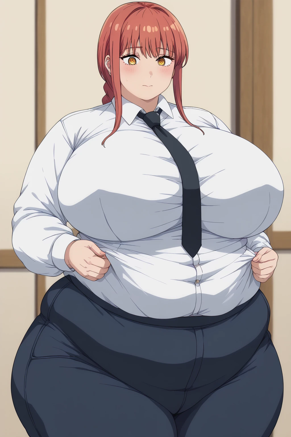 Makima, makima,  long hair、bangs、 shirt、 Long Sleeve , yellow eyes, white  shirt、 braided 、 thighs、Red Hair、 ties, collared  shirt、 black pants 、 window、black  ties, embarrassed expression, troubled expression,  giant areolas, futanari , Woman with a penis,testis,The shape of the penis is written on the pants, score_9, score_8_ up、 score_7_ up、 score_6_ up、 score_5_ up、 score_4_ up、 Masterpiece 、 top quality 、 very aesthetic、 absurd, source ,  anime screencap, one woman、Alone、 personal , Super huge breasts, ((( super huge clevis、Super huge, Super huge boob))), Curvy、 chubby、Mature Woman,  obese 、