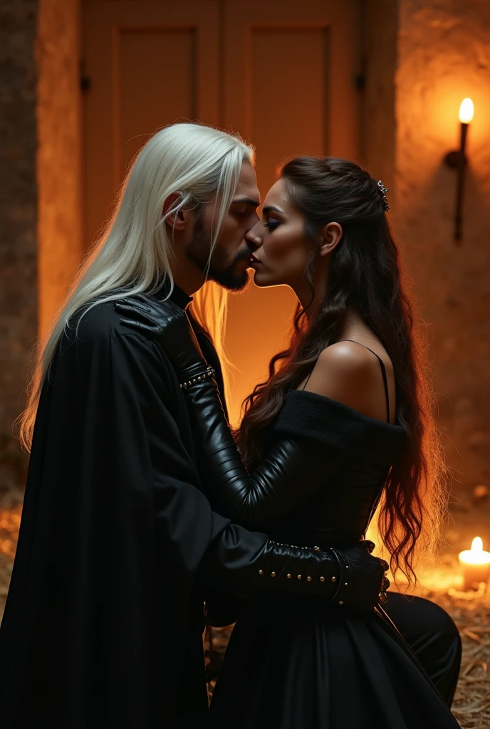 A woman with long, loose curly hair, eyes black, white hair with dark parts, rosto angelical, light and flowing dress, rosy cheeks, red lips sad and gothic look, with a man on his back with a black snake around his neck. mysterious appearance involving love and hate with a fire scene