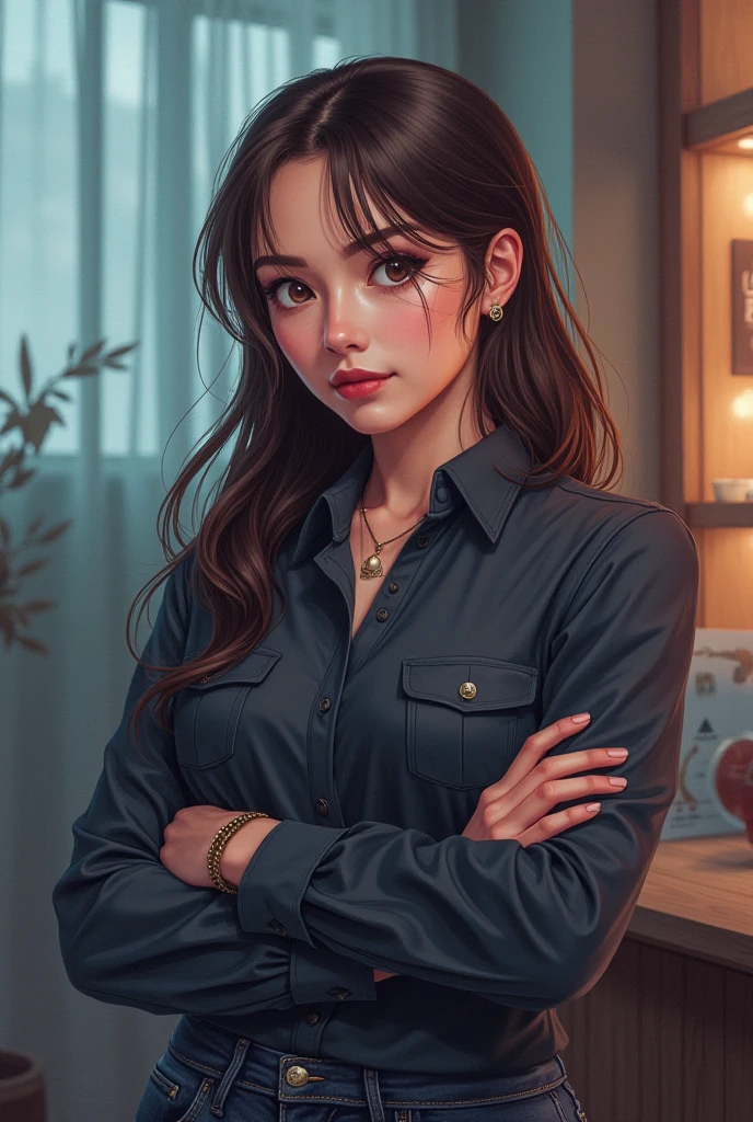 Create a woman in dark brown semi doe and semi almond eyes with cute nose and heart but not so thin lips. Her hair is black brown not so straight but also not curly long but layered with volume. She is young adult. Put some accessories. Use black sleeveless clothes but demure and make her face intimidating. Bossy look and sitting in her chair infront of her desk. Don't give her plum lips, make it natural. She is a writer. Make her as if she is empowered woman. A fair skin. Nails are dark red. Make her aura fresh and not stress. 
