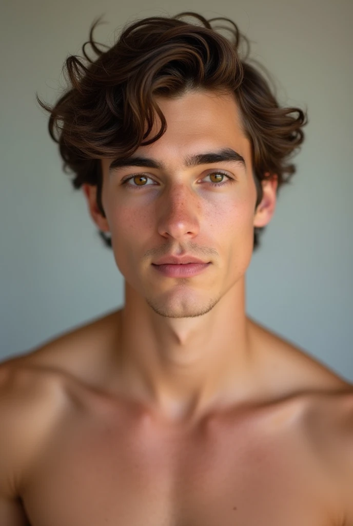 Create a photo of a young man with curly hair, athletic build, tanned skin, and honey-colored eyes, 25 years old.