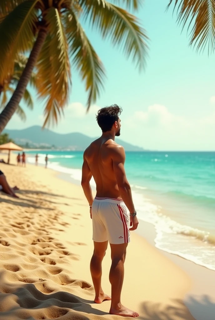 Handsome young man with a beautiful, slim, white face, smooth white skin, shirtless, wearing a fluorescent green swimsuit. He has short black hair and is on a runway during a men's beach party, holding a beach ball in his hand. The crowd is applauding and celebrating with bubbles. Tall, thin, white man, full of confidence.