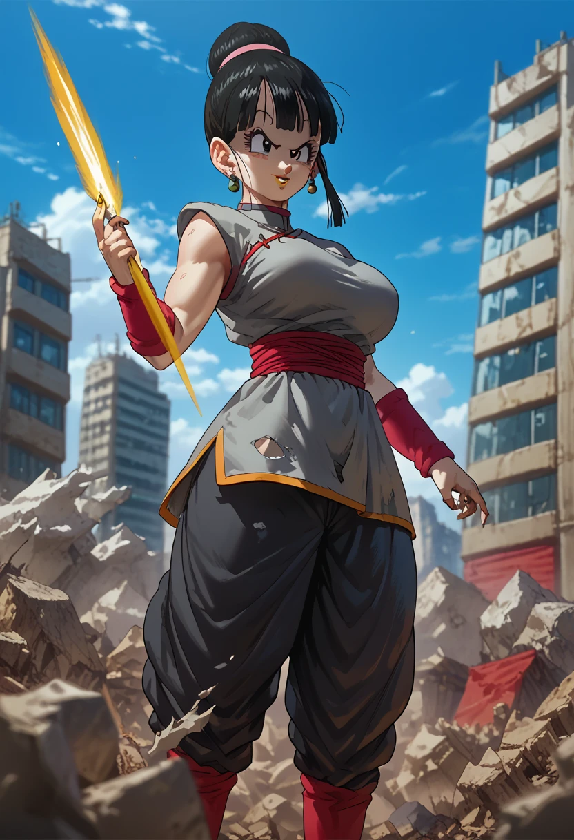 woman, black hair, white skin, big breasts, yellow lipstick, Chi Chi, anime style, black outfit, Goku Black style, destroyed city in the background, focus on the upper body, black clothes