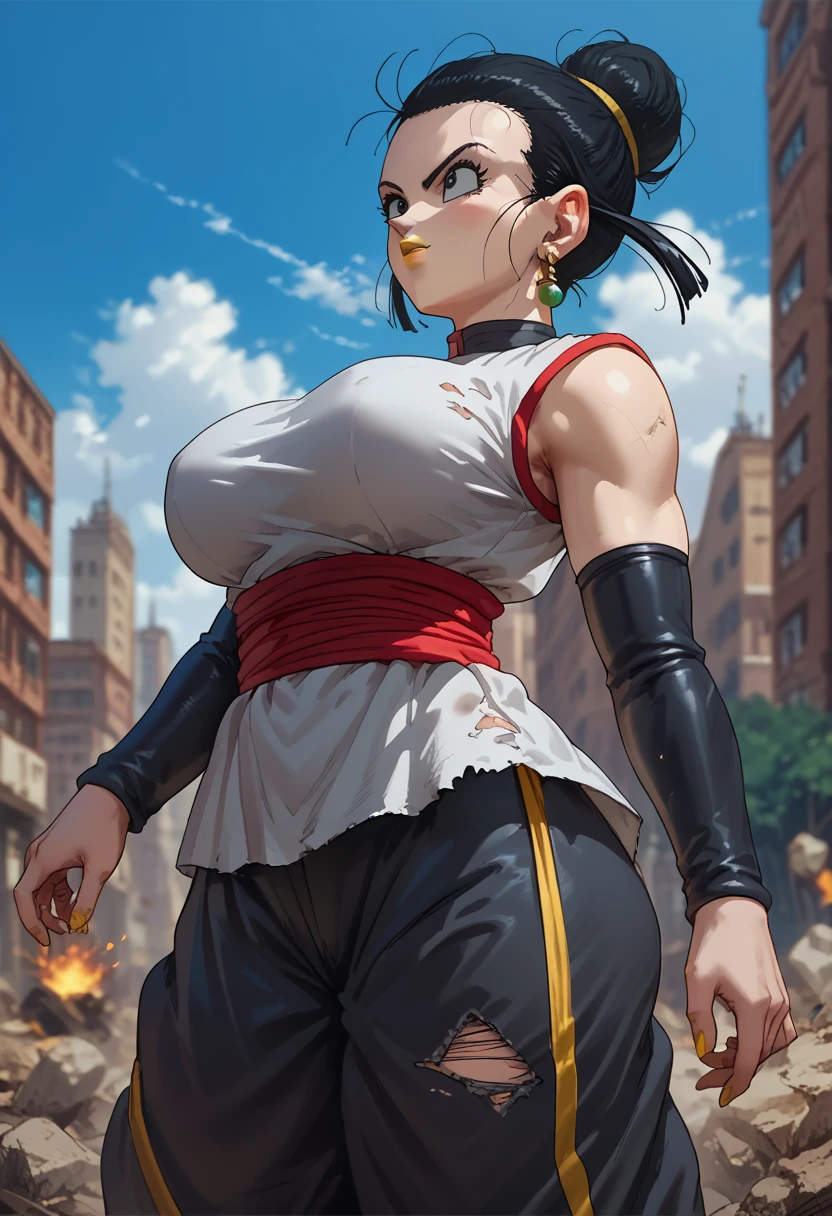 woman, black hair, white skin, big breasts, yellow lipstick, Chi Chi, anime style, black outfit, Goku Black style, destroyed city in the background, focus on the upper body, black clothes