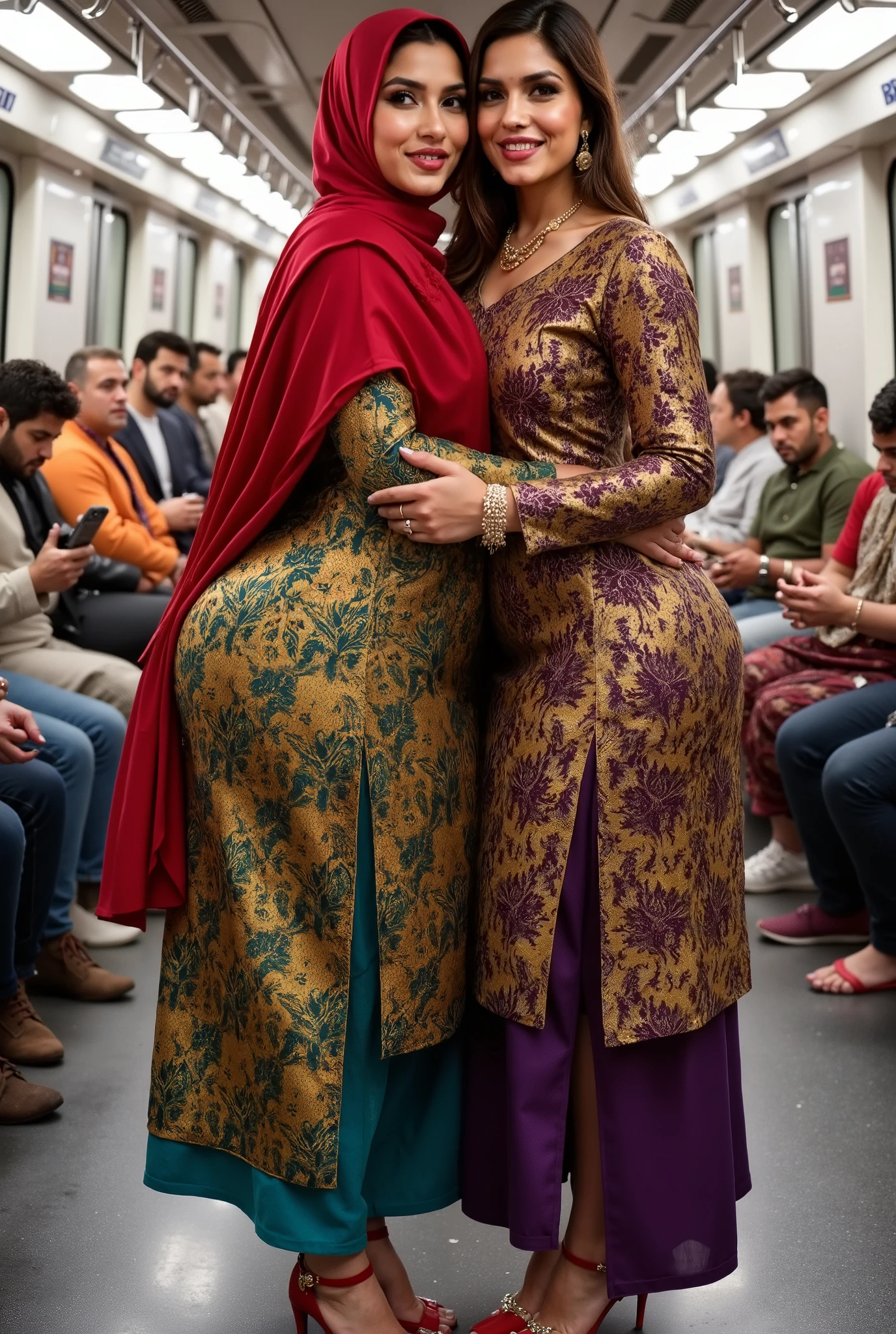 I am 40 year old plus size tall and big giant indian muslim women, looking like indian actress hansika motwani, wearing a gold amd black boarded kurti and shining reflective glossy cyan ankle length leggings and red hijab,white-skin,white skin tone, beautiful face, red lips, clean skin, celebrity face, thick leggs, round ass,bulging ass,huge breast, i am hugging another 40 plus size tall and big giant indian wife, looking like indian actress anushka shetty, wearing shining reflective glossy bronze ankle length leggings and purple golden boarded kurti, white skin tone, beautiful face, red lips, clean skin, celebrity face, thick leggs, round ass,bulging ass,huge breast,all indian ornaments like ,gold chain,gold necklace,gold ear ring with chain connect with nose ,nose stud ,auspicious thread in Necklace, Armlet, bangles,red sindur on head,women standing looking the viewer,both women have huge bulging assand wide hips,smiling happy face,red and gold stileto heels,looking straight to camera, realistic photo, looking straight to camera,full body image,wide angle shot in camera, realistic photo,a quarter back side view of women,in a crowded metro train