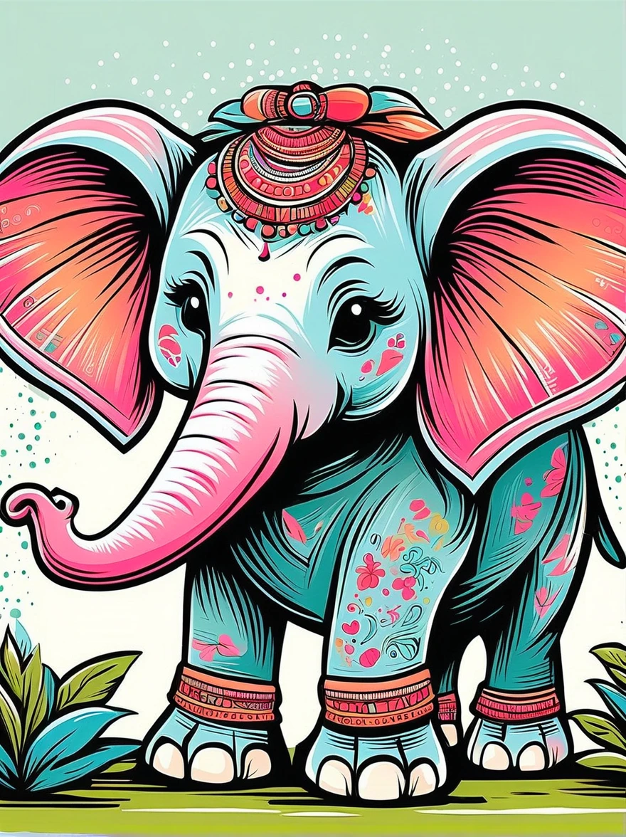 (Cartoon doodle style:1.2), Vector illustration，1xhsn1, Africa the Elephant with gray and pink color palette 
