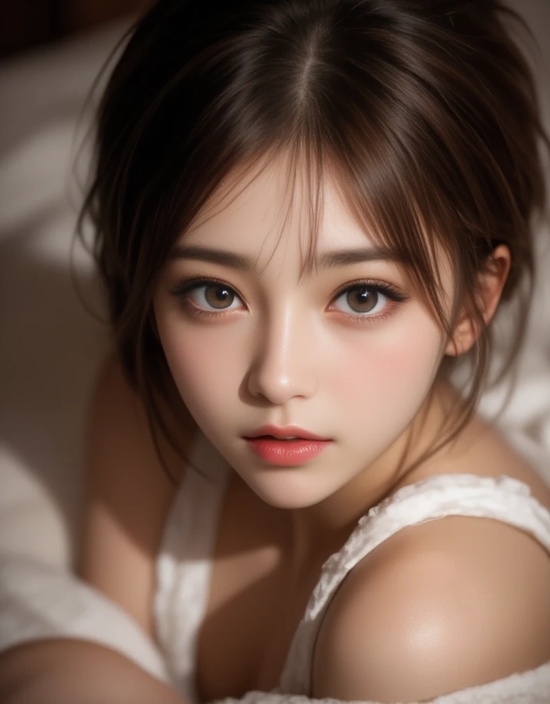 Masterpiece hyperrealist & Photorealistic beautiful girl, Realistic Skin (Pore-filled skin) Short Bob Cut Hair, Realistic red lips,Punk Girl, (head shot:1.5),Shorts