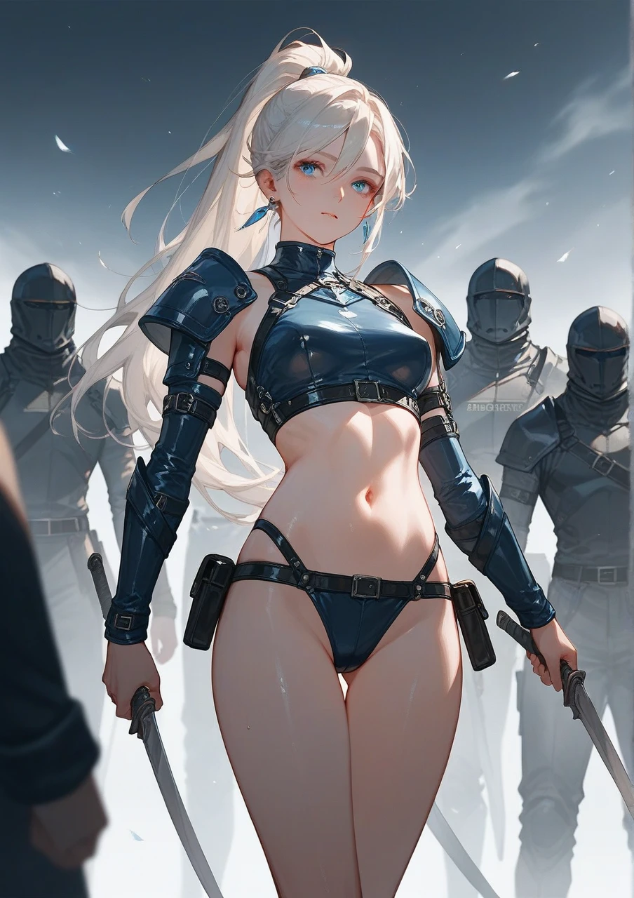 ((Masterpiece, Top Quality, High Resolution, Photorealistic, Raw photo)), ((Extremely detailed CG unified 8k wallpaper)), (huge stunning goddess shot, very hot and sexy, jaw-dropping beauty, perfect proportions, beautiful body, slim body beauty:1.4), Tight Combat Suit, (A female soldier in a camouflage pattern leotard:1.3), (Wear a harness over a leotard, headset, gloves, thigh highs, and boots), (gun hanging from a harness and a sword on back, A thick belt is wrapped around the waist and a weapon is hung from it:1.5), short hair, detailed skin and eyes, tattoo of skull on shoulder, legs spread apart, Dynamic pose, fighting pose, dynamic composition, view from side, in the battlefield,