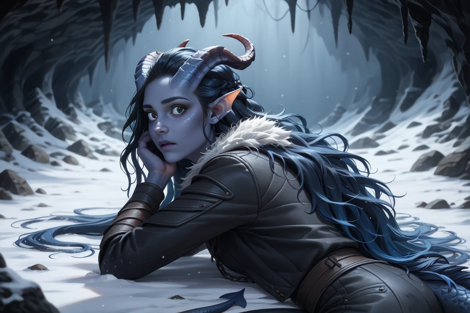 (A snow-covered cedar ,  the winter cedar forest against the background of ), (1Тiefling ,  dark blue-gray skin :1.5), ( very thick long tiefling dragon tail :1.5), ( long black flowing hair with dark blue tips:1.4), ( the bright blue-black pigmentation on the face :1.5), (blue-black freckles :1.2) , ( 2little fins on their heads :1.4), ( Black eyes :1.4), (blue pupils:1.2), ( blue-black pigmentation on the skin :1.5), ( dark grey straight short horns ), ( blue and black pigmentation on the tail :1.5),  girl  , (kind face), (на лице эмоции от coldа), (uniform leather fur medieval pants :1.3), (coldно:1.2), [curiosity ], (35 years old:1.5), (adult:1.2), (Deep look:1.3), (looks back in fright:1.2), ( fur collar armor), ( fur armor ), (chainmail), (you can see pigmentation on his shoulder ), (tail protection), (short trench coat), [ snowy winter ], (in a dark, scary cave, :1.4), (lies in front of a lying broken stone slab:1.3), (visible in full), ( dynamic pose :1.1), (очень coldно), (dark:1.2), (blizzard,  snow , cold) , ( top quality ), ( masterpiece fails), ( highest detail),  fantasy background, blue tones, Dark tones, dark shades,  muted colors, [Night], (a dark scary cave in the background).