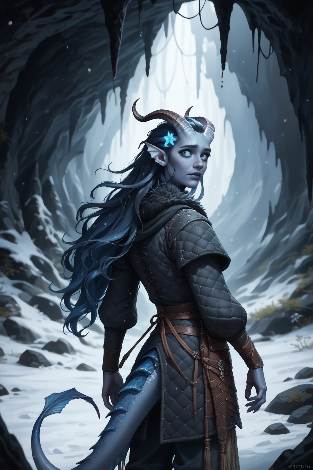 (A snow-covered cedar ,  the winter cedar forest against the background of ), (1Тiefling ,  dark blue-gray skin :1.5), ( very thick long tiefling dragon tail :1.5), ( long black flowing hair with dark blue tips:1.4), ( the bright blue-black pigmentation on the face :1.5), (blue-black freckles :1.2) , ( 2little fins on their heads :1.4), ( Black eyes :1.4), (blue pupils:1.2), ( blue-black pigmentation on the skin :1.5), ( dark grey straight short horns ), ( blue and black pigmentation on the tail :1.5),  girl  , (kind face), (на лице эмоции от coldа), ( medieval fur pants ), (coldно:1.2), [curiosity ], (35 years old:1.5), (adult:1.2), (Deep look:1.3), (looks back in fright:1.5), ( fur collar armor), ( fur armor ), ( medieval fur pants ), (chainmail), (you can see pigmentation on his shoulder ), (tail protection), [ snowy winter ], (in a dark, scary cave, :1.4), (visible in full), ( dynamic pose :1.3), (очень coldно), (dark:1.2), (blizzard,  snow , cold) , ( top quality ), ( masterpiece fails), ( highest detail),  fantasy background, blue tones, Dark tones, dark shades,  muted colors, [Night], (a dark scary cave in the background).