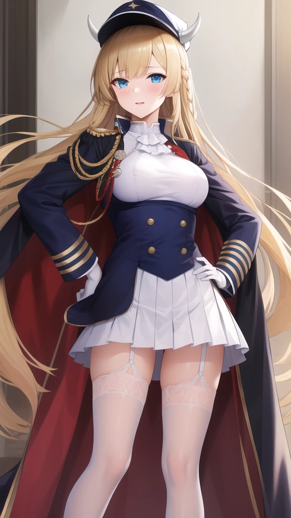 (masterpiece, best quality:1.2),absurdres,highres,1girl,solo,kongou (azur lane),black thighhighs,blonde hair,blue eyes,cape,garter straps,hand on hip,hat,horns,long hair,military uniform,pleated skirt,side braid,white gloves,white skirt,