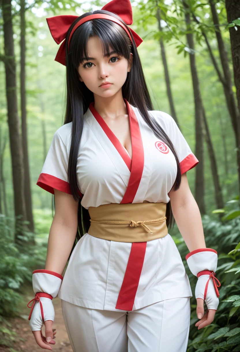 1girl, long hair, black hair, hair bow, hairband, black eyes, ainu clothes, japanese clothes, short sleeves, pants, fingerless gloves, serious, outdoors, forest, cowboy shot , (Big breasts that are about to burst:1.20), masterpiece,japanese cute girl,High school students、17age、