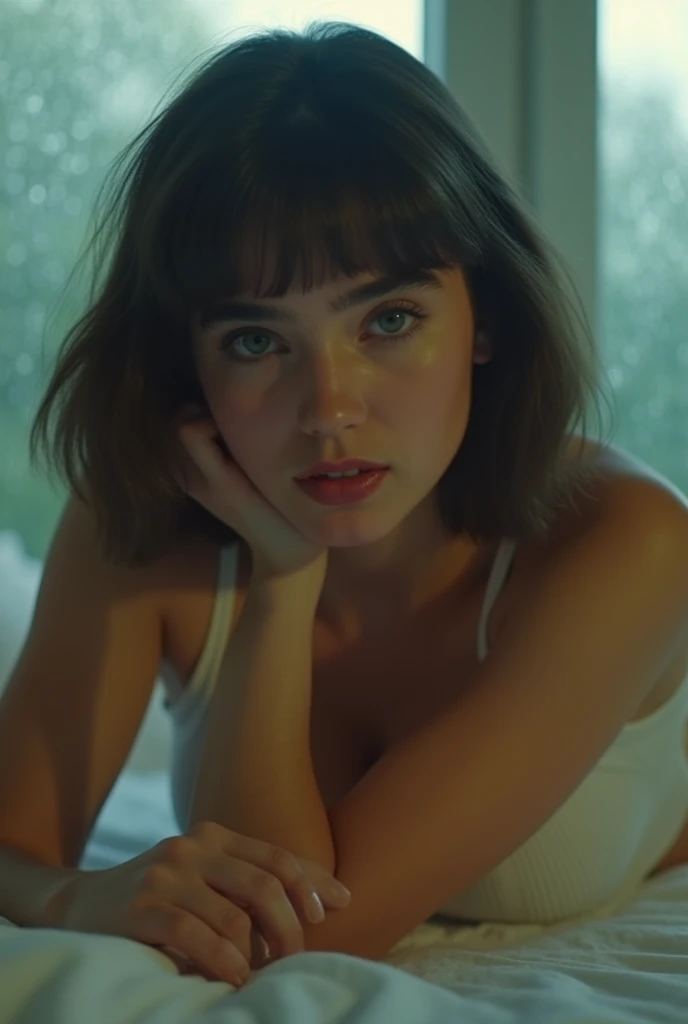 a 18 year old brunette, Caucasian seductive woman, A cinematic scene, lying on a bed, dressed in a tight white tank top off shoulder and underwear, fringe with shoulder length hair, light make-up, looking at the camera, head resting on right arm, day scene, condensed rain drops on the glass windows, 90's film look
