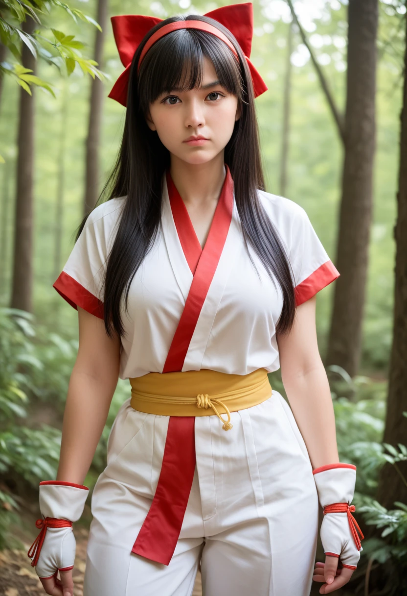 1girl, long hair, black hair, hair bow, hairband, black eyes, ainu clothes, japanese clothes, short sleeves, pants, fingerless gloves, serious, outdoors, forest, cowboy shot , (Big breasts that are about to burst:1.20), masterpiece,japanese cute girl,High school students、17age、random pose,(Photorealistic:1.4), (Top image quality:1.0), (超A high resolution:1.0), 8k, Raw photography, 