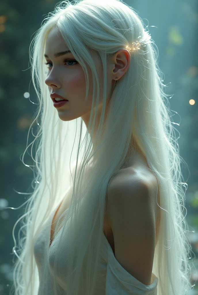 Elf woman, white hair, slim waist, very detailed full body, very realistic. Nude
