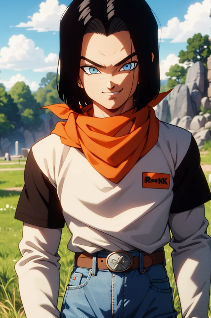 (8k, best quality, masterpiece:1.2),blue sky,rocky grassfields,1boy,android **, (black shirt), orange bandana, jeans,brown belt,layered shirt,white sleeves,black hair, blue eyes, parted hair,red patch, short hair,upper body, evil smile, looking at viewer