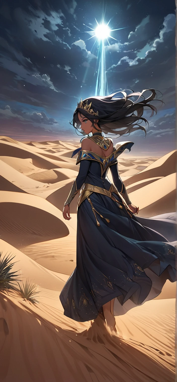 masterpiece, best quality, high definition, highres, (1girl, solo:1.3), (black hair, long hair, hair swaying from the wind:1.3), (wearing mask, brown mask:1.4), (purple eyes, detailed eyes, bright pupils:1.3), (tan, dark skin:1.4), (desert coat, brown scarf, royal cloak, ornate shirt, embroidered shirt, brown pants:1.4), (she has a crown, wearing crown:1.3), (muscular, muscular female, fit:1.3), (midriff, navel, abs, stomach, toned abs:1.2), (standing, walking:1.2), (scenery, desert scenery, intricate desert background, sand mounds:1.4), (day time, warm lighting, dust particles, bokeh, lens flare:1.1),