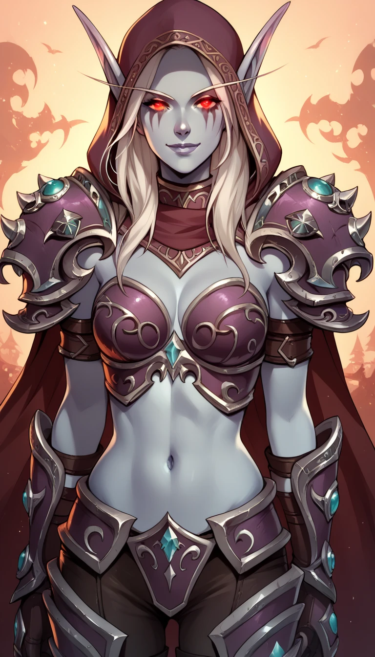 BREAK 1girl, sylwinundead, long hair, undead, white hair, grey skin, pointy ears, red eyes, hood, pauldrons, glowing eyes, breastplate, gloves, armor, cape, pants, midriff, smile