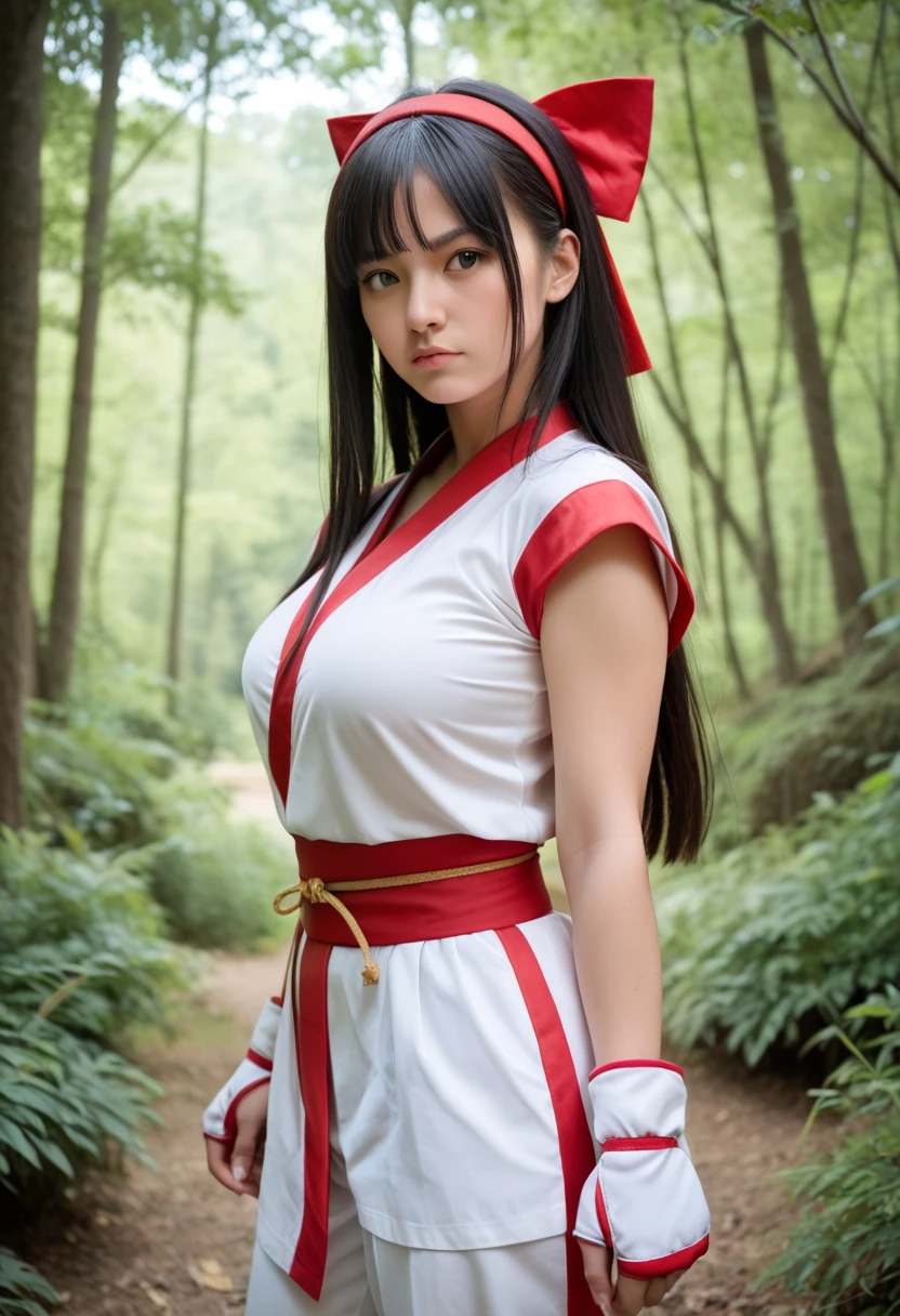 1girl, long hair, black hair, hair bow, hairband, black eyes, ainu clothes, japanese clothes, short sleeves, pants, fingerless gloves, serious, outdoors, forest, cowboy shot , (Big breasts that are about to burst:1.30), masterpiece,japanese cute girl,High school students、17age、random pose,(Photorealistic:1.4), (Top image quality:1.0), (超A high resolution:1.0), 8k, Raw photography, from side,