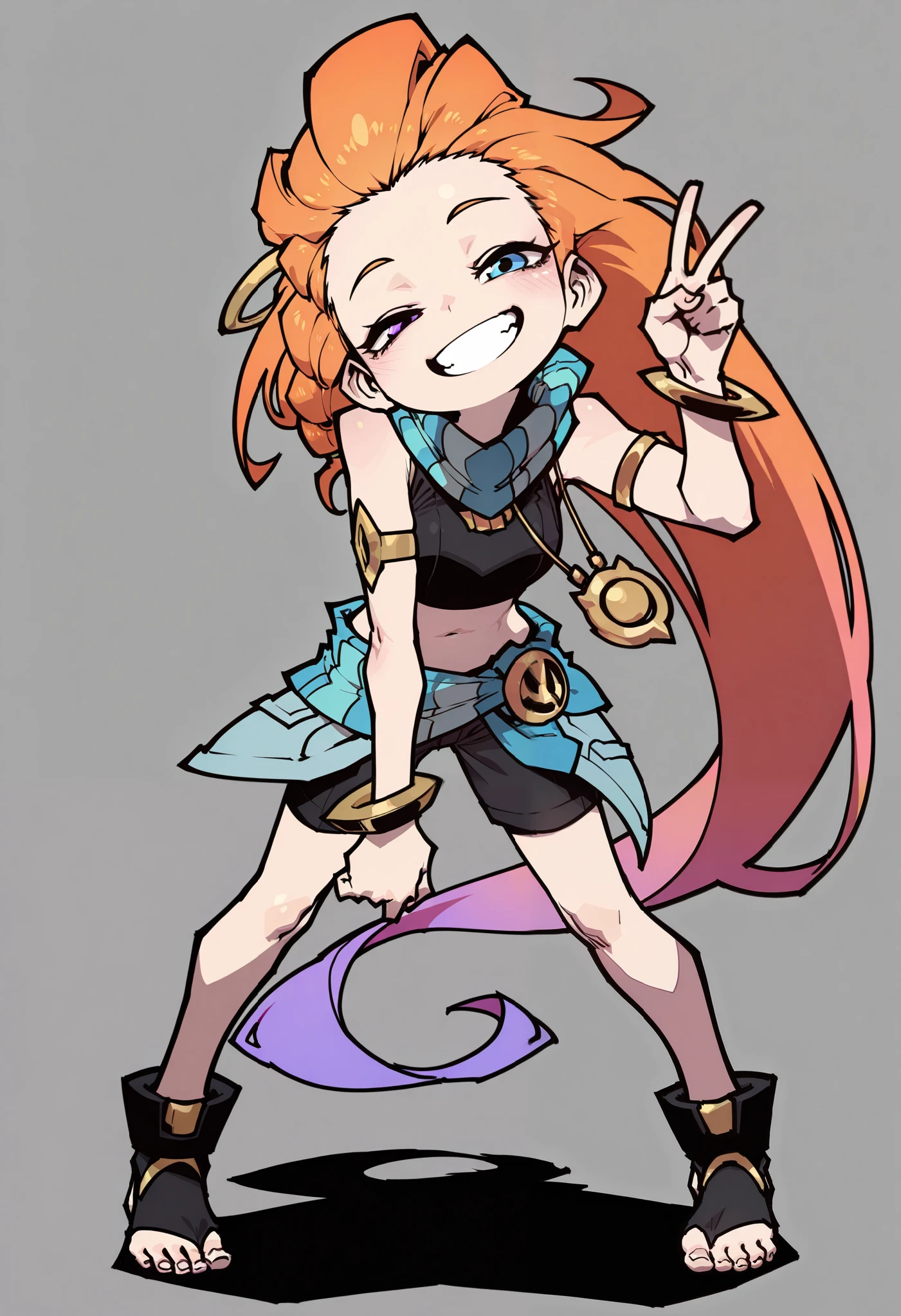 (ssambatea:0.8), (yaya_hiyayaka:0.8), 1girl, solo, zoelol, orange hair, very long hair, forehead, purple eye, blue eye, heterochromia, crop top, shorts, bracelet, armlet, waist cloth, toeless footwear, necklace, scarf, standing, peace signs, smile, teeth, squinting, head tilt, masterpiece, best quality, amazing quality, very aesthetic, high resolution