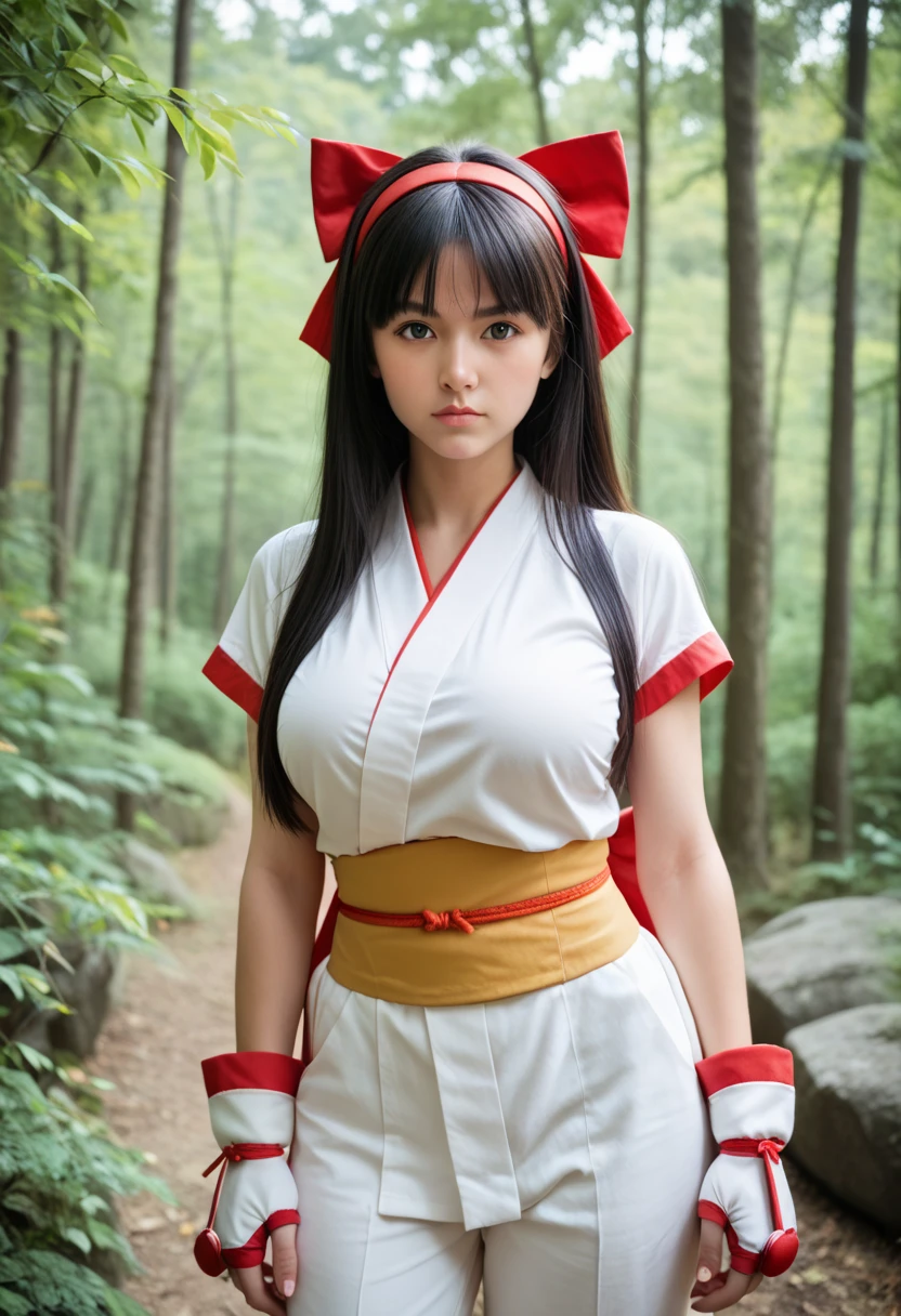 1girl, long hair, black hair, hair bow, hairband, black eyes, ainu clothes, japanese clothes, short sleeves, pants, fingerless gloves, serious, outdoors, forest, cowboy shot , (Big breasts that are about to burst:1.30), masterpiece,japanese cute girl,High school students、17age、random pose,(Photorealistic:1.4), (Top image quality:1.0), (超A high resolution:1.0), 8k, Raw photography, 