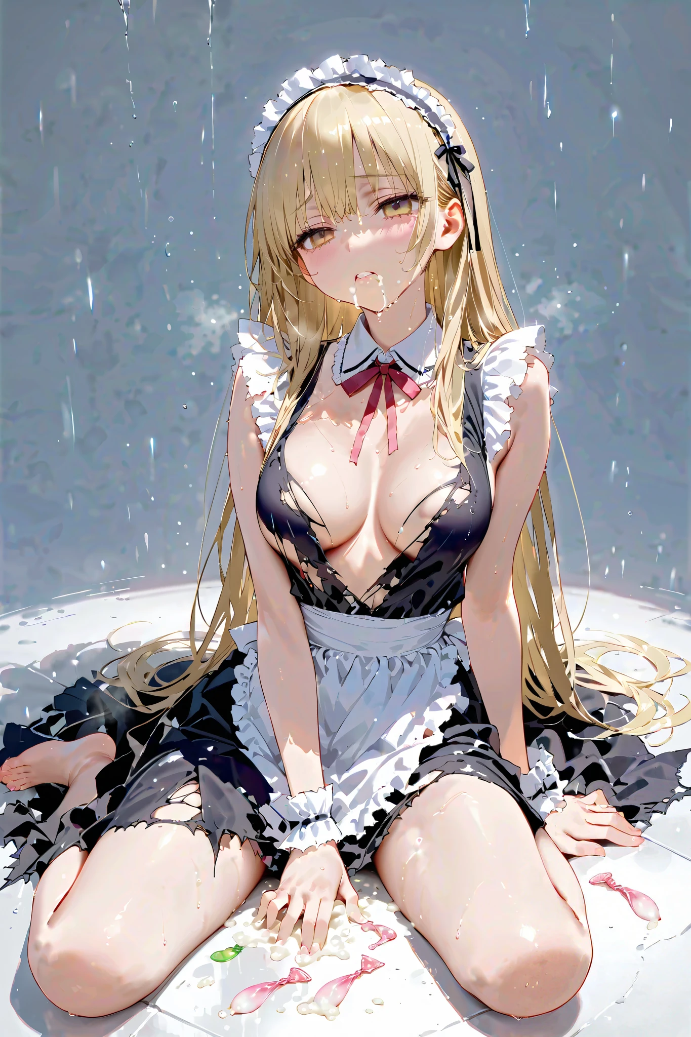  realistic photo of a woman freezing in the cold and her skin trembling、(((arched back)))、sitting on white floor, empty eyes, (((((torn clothes))))), wet in the rain 、Large breasts, Crying,  looking up at the sky 、 light pink simple background、half closed eyes, empty eyes, full body, open legs, straight blond long hair, detailed hairband, (glistening skin), (oily skin), (shiny skin),((My skin is shaking ))、Subtle sheen、(Petite)、 gorgeous embroidered maid clothes 、Used condoms scattered all around her 、(((whole body))), cum in body, cum in face, cum in legs, cum in arms,