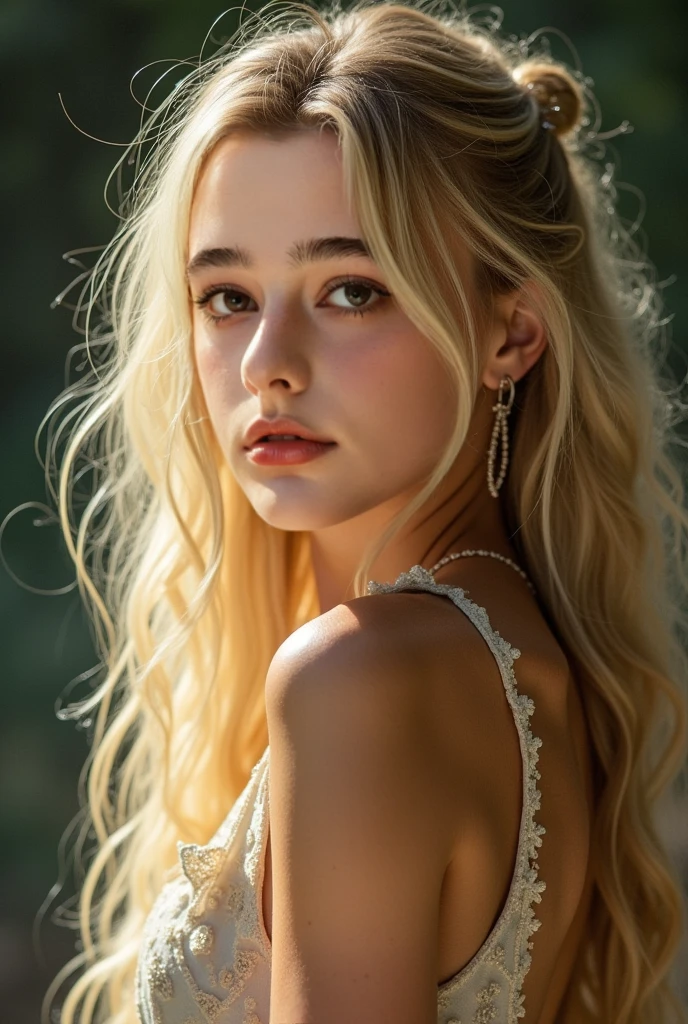 ((best quality, 8 thousand, masterpiece:1.4)), (20 year old woman), ((very small face:1.3)), Highly detailed face and skin textures, detailed eyes, (Italian woman), (blonde wavy very long hair:1.3), (Open shoulder bare sleeve neck polar dress:1.4), Thin legs, glamorous body, bamboo panda background, thighs, Transparent stockings, very big breasts,
