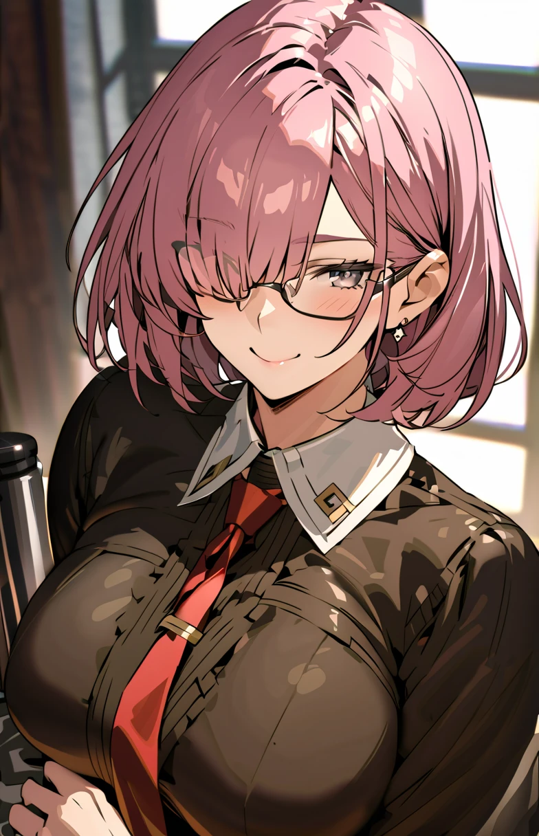 ( top quality 、masterpiece:1.2, mature woman), ( hair on one eye , Cover one eye)  Pink Hair、 short hair、Glasses、 black shirt 、White collar、 red tie 、smile