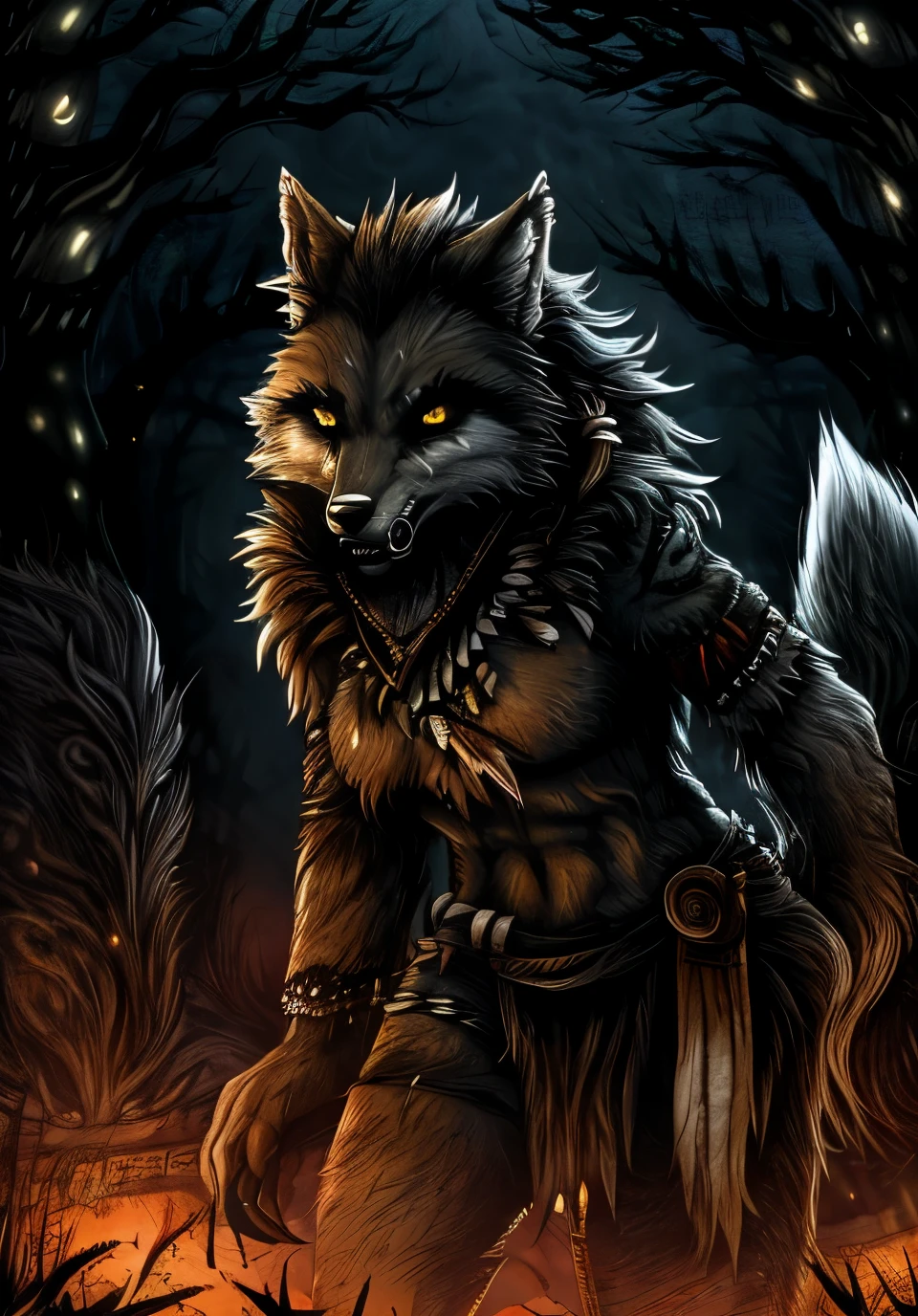 She wolf ,she werewolf in creepy night ,tribal suit