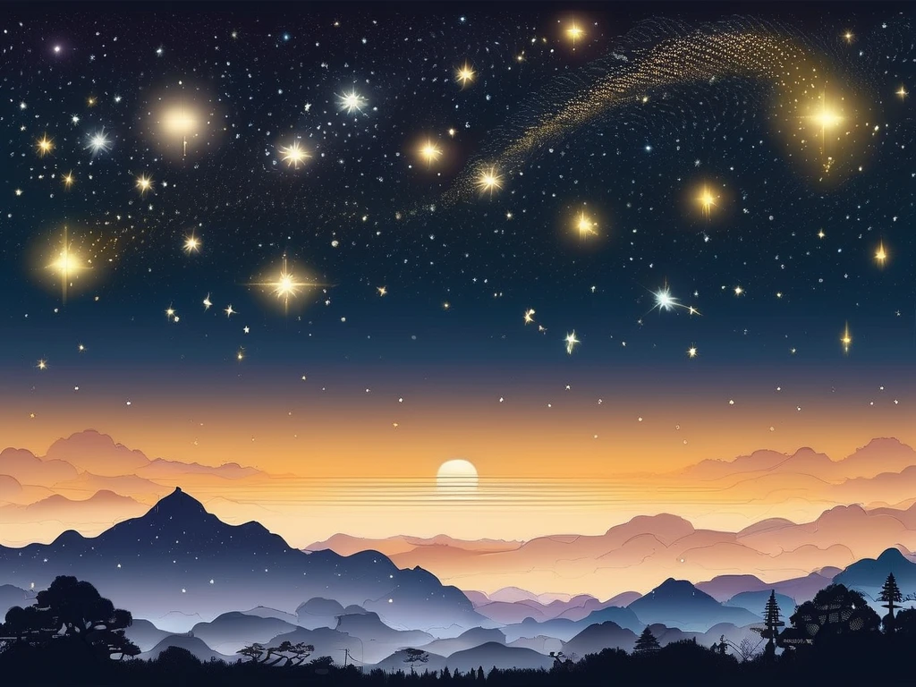 夜空に広がるstarの模様。無数のstarが点描のように散りばめられ、大小さまざまなstar々Sparkling 。star座を思わせる繊細なラインがいくつか描かれ、 gold and white 、 the brilliance of silver rises 。star々 flickers slightly 、 gradations spread out to form the Milky Way 。Scenes depicting fantastic and romantic cosmic patterns。