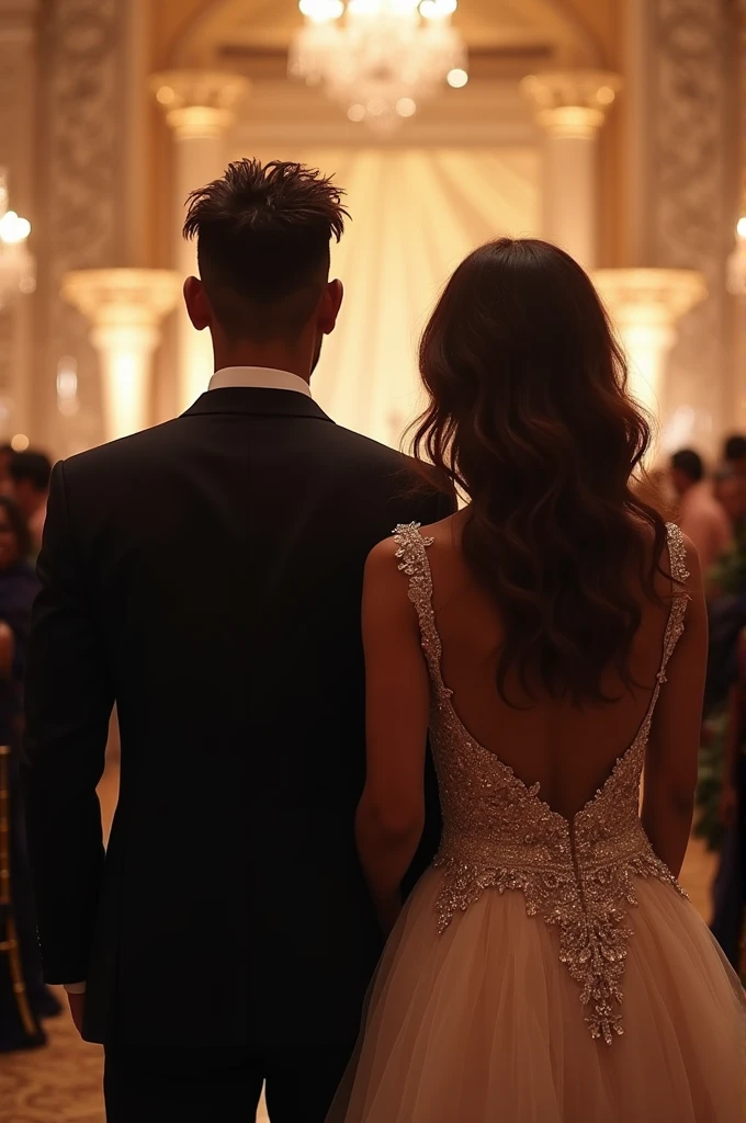 A couple of newlyweds holding hands, seen from behind, as they admire the horizon together. The groom, with fair skin, sports an extremely short, almost shaved haircut, while the bride showcases long, dark, wavy hair. She looks stunning in her white wedding dress, accentuating her light brown skin, while he, a tall man, exudes elegance in his tailored suit. The groom stands impressively tall at 1.85 meters, while the bride possesses a graceful stature of 1.65 meters