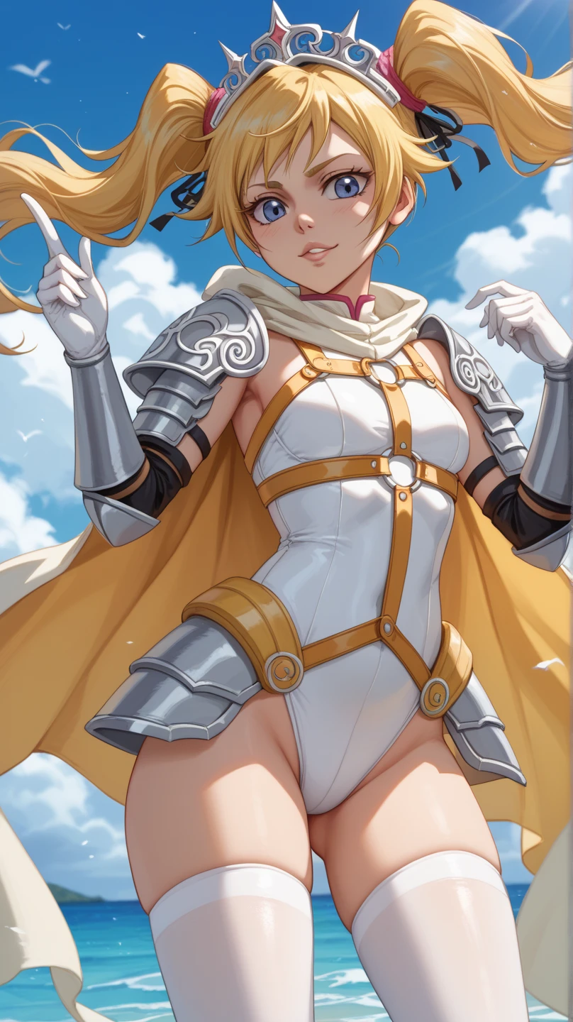 Browsing Caution,Sensual, Long blonde hair, Thick thighs, 8k, 4K, Highest quality, (High resolution:1.6), Cute anime face, Noise Reduction,short hair,Flaxen Hair、 (Sparkling Blue Eyes, A kind smile:1.3, Kind eyes:1.3)、Young Face, Anime Eyes, Ashelia、(Equipped with a shield on the left arm:1.5)、(SFW Giant:1.9)、large areola, puffy nipple:1.3, tight, skinny, Long tights、Knee-high boots、(garter belt:1.5)、Beautiful Hands、Beautiful fingers、(High cut thong:1.5), wearing linothorax armor
